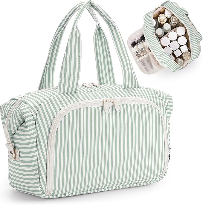 Narwey Travel Toiletry Bag for Women, Wide Open Large Makeup Bag, Cosmetic Bag Make Up Organizer with Handle, Wet Pocket for Towel, Travel Bag for Toiletries, Brushes, Essentials (Mint Green Stripe)