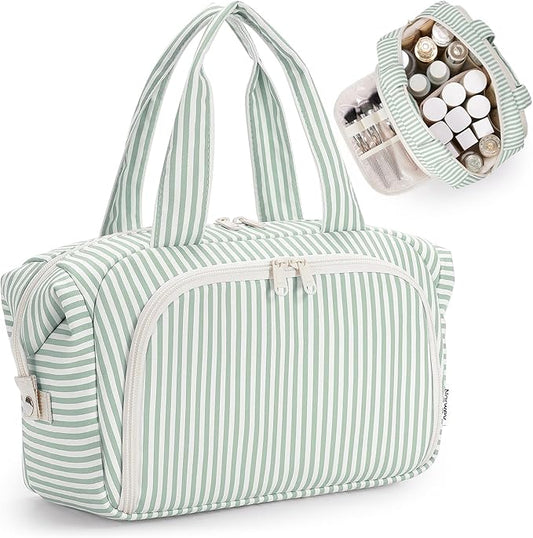 Narwey Travel Toiletry Bag for Women, Wide Open Large Makeup Bag, Cosmetic Bag Make Up Organizer with Handle, Wet Pocket for Towel, Travel Bag for Toiletries, Brushes, Essentials (Mint Green Stripe)