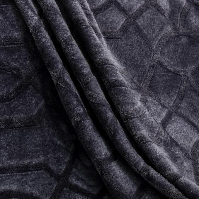 Soft Cozy Fleece Queen Size Blanket, 90x90 Inches – Lightweight Plush Blanket for Bed, Fuzzy 3D Jacquard Design - Dark Grey