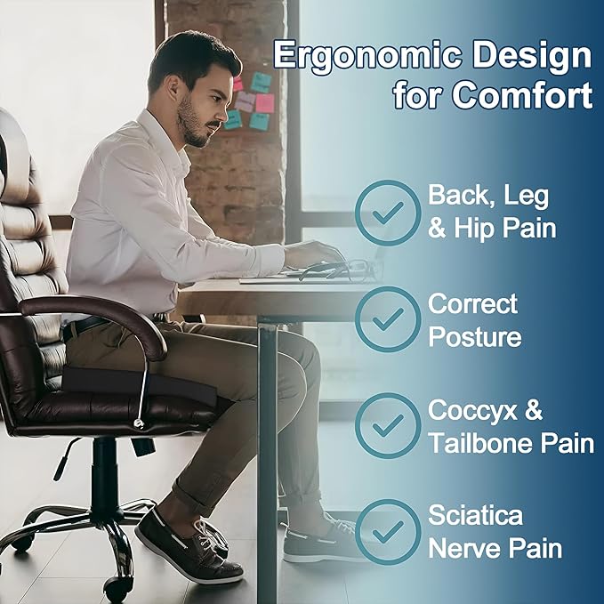 Memory Foam Cusion, Relief Pressure Seat Cusion for Office Chairs & Car Seat, Ergonomic Design Seat Cusion for Tailbone Pain Relief, Sciatica & Back Support
