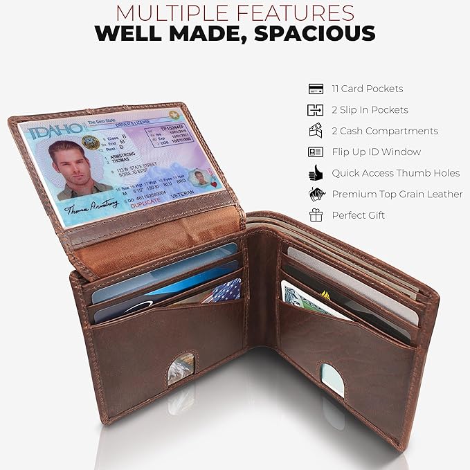 Mens RFID Blocking Bifold Wallet Supple Top Grain Leather Secure & Durable Extra Capacity Billfold with 11 Credit Cards Slots, Quick Thumb Push Access, Flip Up ID in Heritage Burgundy, Gift Ready