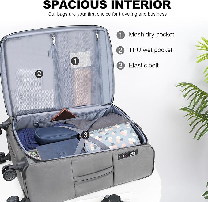 KROSER Softside Expandable checked Luggage with Front Business Pockets，24 Inch Suitcases with Spinner Wheels & Built-in TSA Lock, Durable Suitcase Rolling Luggage, Grey