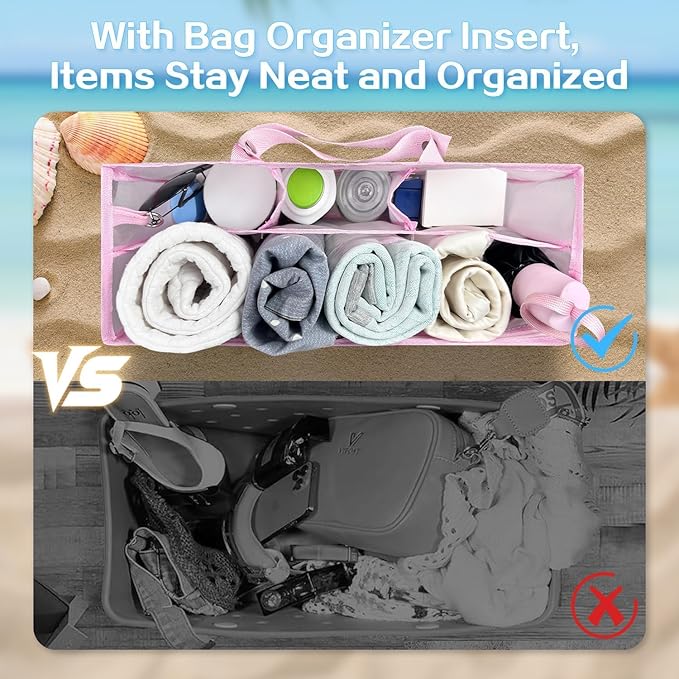 XYFuuee Beach Bag Organizer Inserts for Baby Medium Bogg Bag Accessories with 8 Removable Metal Fasteners, Lightweight Mesh Insert Divider Pouch, Organizing Rubber Tote, Save Storage Space, Pink M