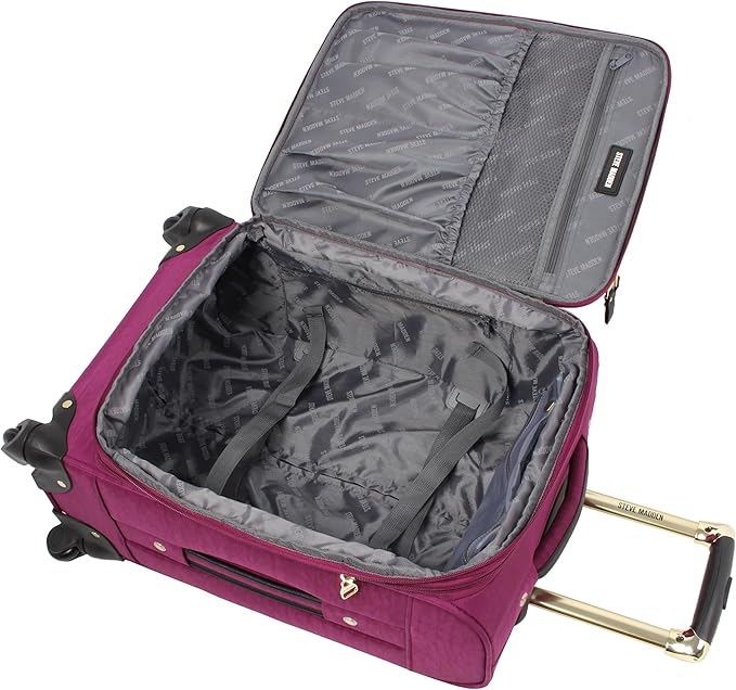 Steve Madden Designer-Gepckkollektion Leichter Softside-Koffer fr Damen und Herren strapazierfhige 50,8 cm groe Tragetasche mit 4 rollenden Spinner-Rdern, Peek-a-boo Purple, 20in, Carry on Bag With