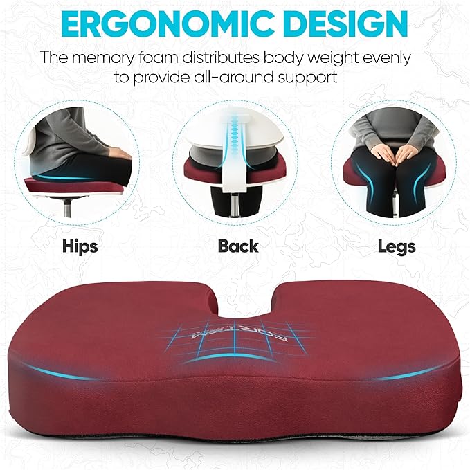 FORTEM Seat Cushion, Office Chair Cushion, Desk Chair Memory Foam, Sciatica Coccyx Tailbone Pain Relief, Pressure Relief, Sitting Pad, for Long Gaming & Sitting, Washable Cover, Non Slip, XL