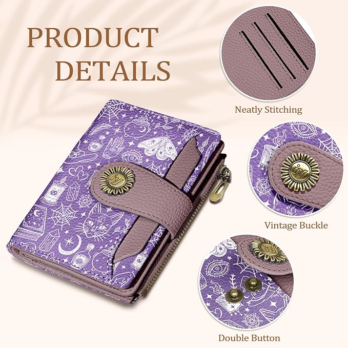 Icycay Goth Gothic Small Wallet Women RFID Blocking Bifold, Credit Card Holder, Zipper Coin Pocket, Witchy Magic, PU Leather, Compact, Travel, 4 ID Window, 14 Card Slots, Cash Purse, Ladies Woman