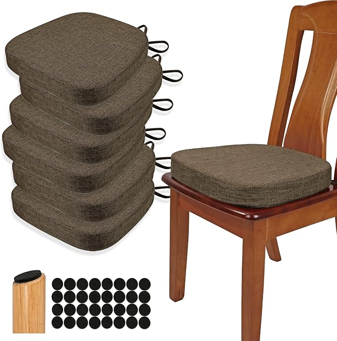 BUYUE Thickened 2.5" Dining Chair Cushions Set of 6, U-Shape High Density Foam Comfortable Chair Pads for Kitchen, Slip Resistant Indoor Seat Cushions (6 PCS, Brown)