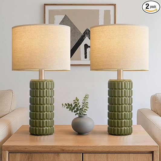 Seealle 23" Modern Ceramic Table Lamps Set of 2, Lamps for Bedroom, Green | Lamps for Living Room, Bedroom, Bedside, Night Stands, End Table, Desk, Farmhouse Home Decor
