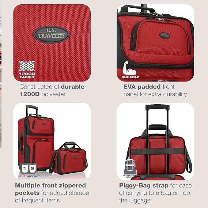 U.S. Traveler Rio Lightweight Softside Rolling Carry-on Suitcase, 2-Wheel Set, Red