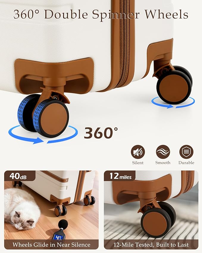 LONG VACATION Luggage Sets 5 Piece, Suitcases With Wheels, PC+ABS Hardshell Luggage Set with Spinner Wheels, TSA Lock (White Brown)