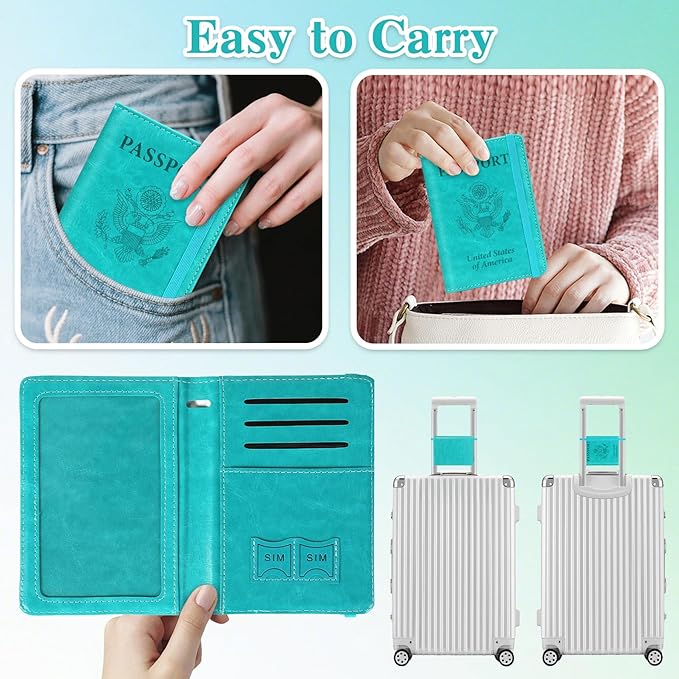 Passport Holder for Travel, RFID Blocking Passport Cover with Pen Holder Leather Passport Wallet Case Travel Must Haves Accessories Passport Book Card Holder for Family Travel Essentials, Turquoise