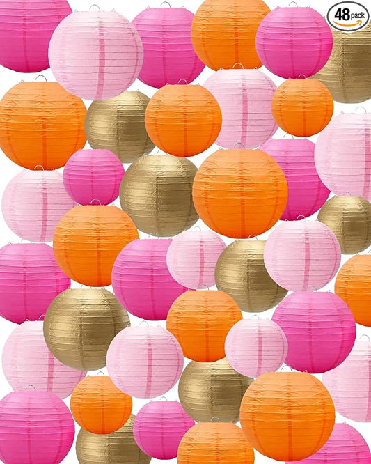 Treela 48 Pcs Paper Lanterns Party Decorations Round,Gold,Orange | Chinese Hanging Lamps, Wedding, Party Supplies, Birthday Bridal, 4/6/8/10 Inch, Easy Setup, Asian Decor, Festive Atmosphere