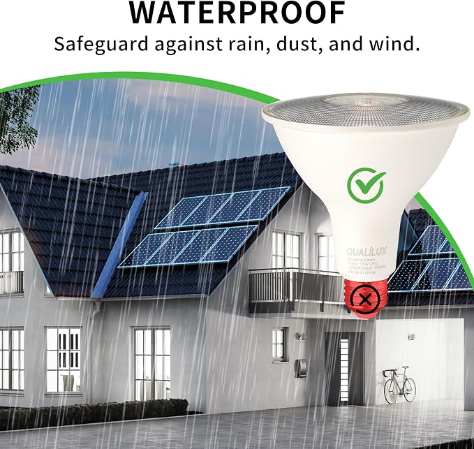 Qualilux PAR38 Dusk to Dawn LED Flood Light Bulbs, Daylight White 5000K, 150W Equivalent 17W, 1700LM, Auto On/Off Light Sensing Outdoor Light Bulb, 2 Pack, Non-Dimmable, HQ-H033