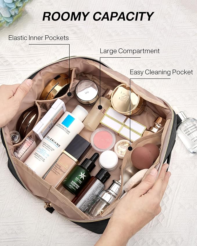 BAGSMART Makeup Bag Cosmetic Bag, Travel Makeup Bag,Water-resistent Makeup Bags for Women Portable Pouch Open Flat Make Up Organizer Bag for Toiletries, Brushes Black