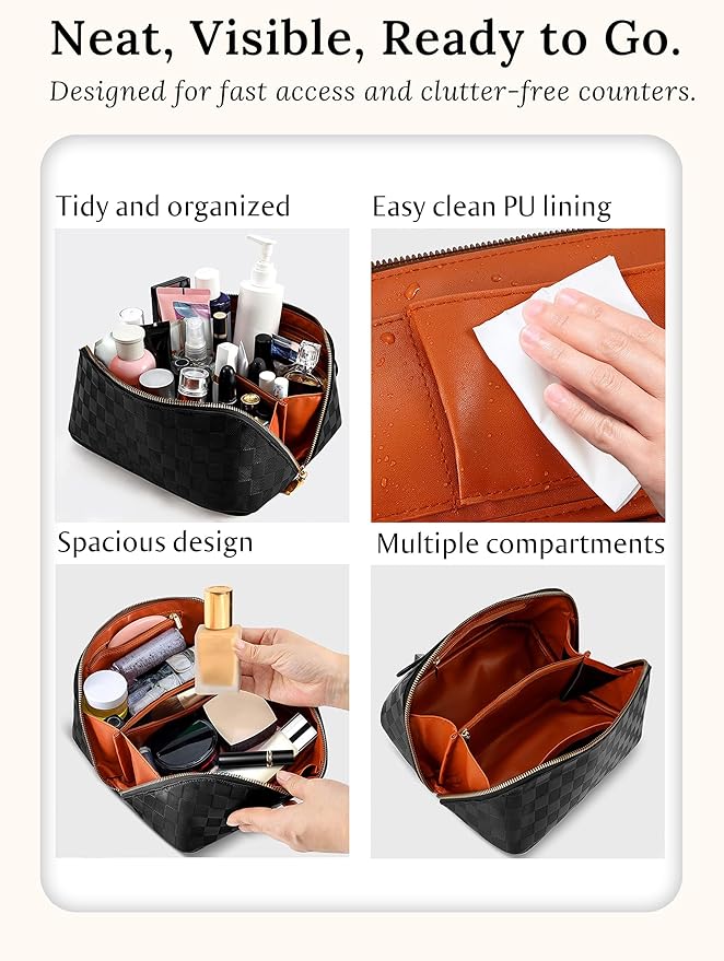 Large Capacity Travel Cosmetic Bag - Portable Makeup Bags for Women Waterproof PU Leather Checkered Makeup Organizer Bag with Dividers and Handle,Toiletry Bag for Cosmetics