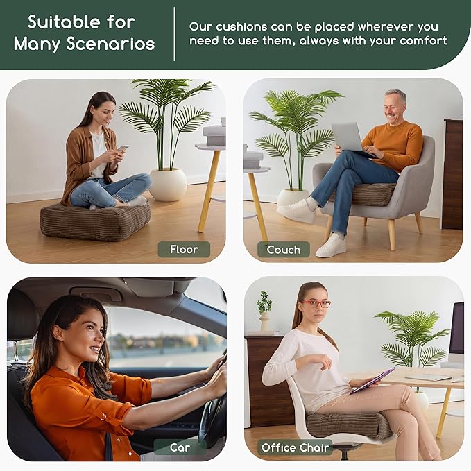 HIGOGOGO Tufted Corduroy Recliner Seat Cushion for Elderly, 20x20x6 Inch Extra Large Square Seat Cushion for Recliner Chair, Floor Pillow, Office Chair, Car, No Pressure on Thighs, Brown