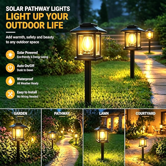 Solar Pathway Lights 2-Pack for for Yard Walkways | IP65 waterproof solar landscape lights. High-efficiency panels provide auto dusk-to-dawn glow for yard and driveway security