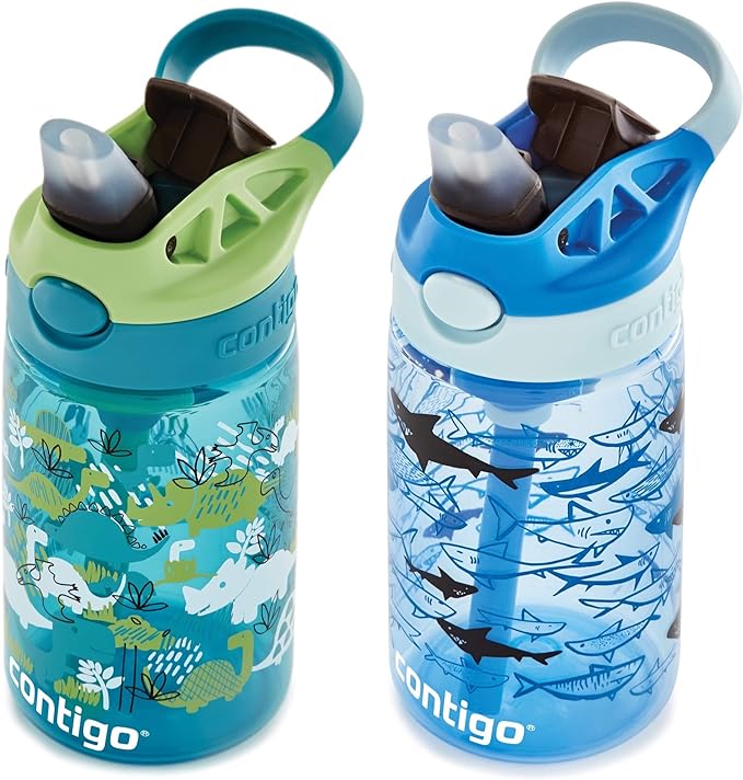 Contigo Aubrey Kids Water Bottle,14oz,Dinos & Sharks,Spill-Proof Lid,Dishwasher Safe,Blue & Green,(Pack of 8)
