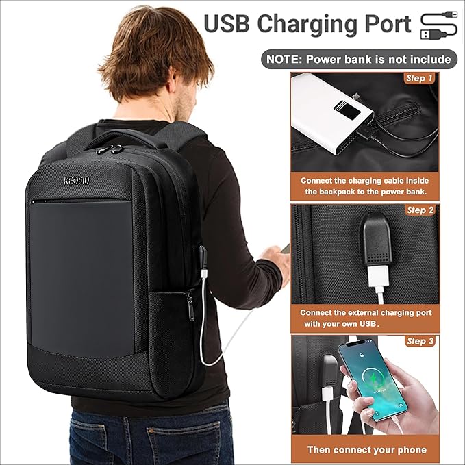 KEOFID Work Laptop Backpack for Men and Women, Mens Work Backpacks Fit 15.6 Inch Computer, Carry On Business Travel Back pack with USB Charging Port, Water Resistant(Black)