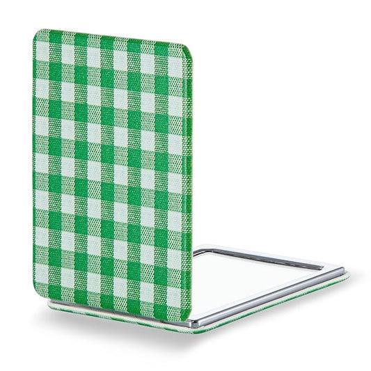 OMIRO Compact Mirror, Unique Plaid Pattern PU Leather 1X/3X Magnification, Ultra Portable for Purses, 2.4" W x 3.4" L, Green Plaid
