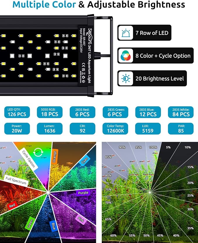 SEAOURA LED Aquarium Light with 24/7 Timer for 18-24in Fish Tank | high PAR LEDs for plant growth, 3 timers + memory, 20 dimming, 15min fade, adjustable brackets, slim aluminum