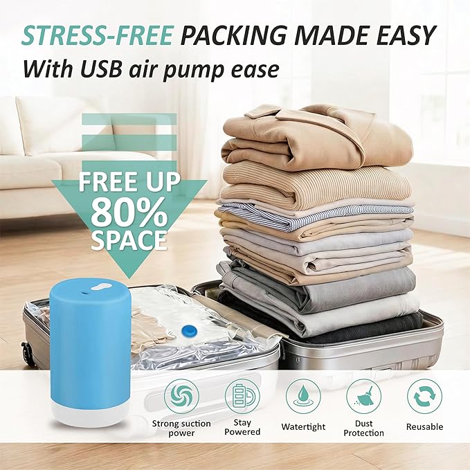 Cozy Essential Travel Vacuum Storage Bags with Rechargeable Cordless Electric Pump, Space Saver Bags for Luggage, Suitcase, Carry-On, for Clothes, Blankets, Comforters, Pillows, 8 Combo