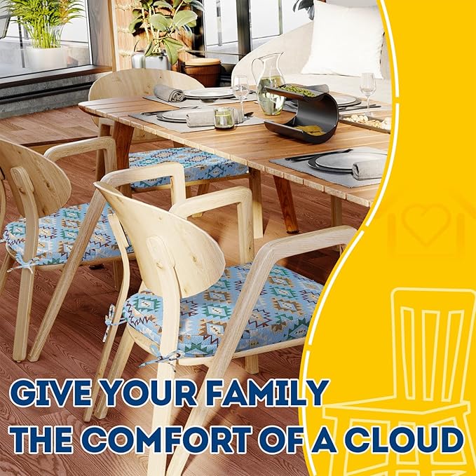 AAAAAcessories D-Shaped Chair Cushions, 2" Thick Dining Chair Pads with Ties and Removable, Machine-Washable Cover, 17" x 16", Set of 8, Geometric Blue
