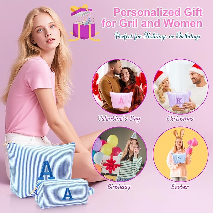 Personalized Initial Makeup Bag,Toiletry Travel Cosmetic Bag,Trendy Stuff for Teen Girls and Women,Holiday & Birthday Gift,2 Pack (B, Purple)