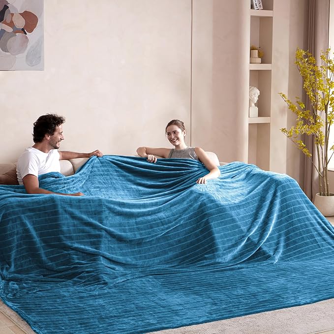 Extra Large 120x138 Inch Giant Soft Cozy Fleece Blanket, Huge Oversized Seamless King 3D Jacquard Decorative California King Blanket for Bed, Couch, Travel - Striped Teal