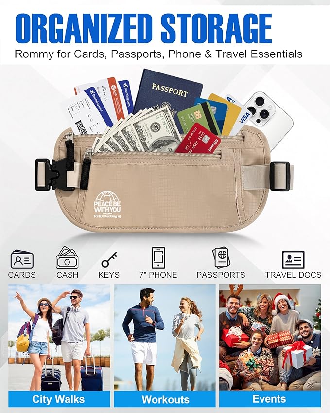 Hidden Money Belt for Travel, RFID Blocking, Sweat-Proof, Heavy-Duty Buckle, 3rd Gen Waist Wallet Anti Theft to Protect Cash, Credit Cards and Documents Under-Clothes for Men & Women, Beige