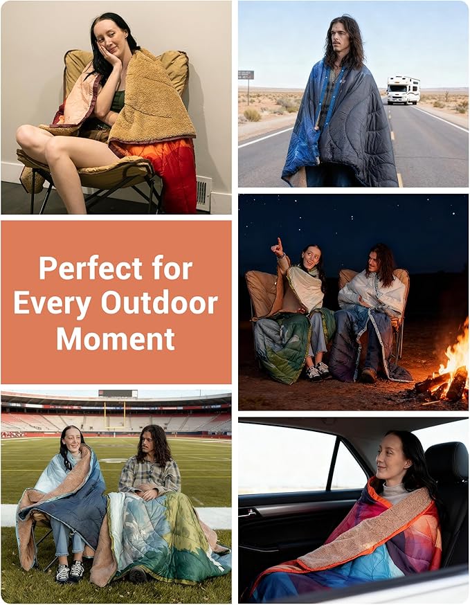 KingCamp Large Camping Blanket with Sherpa Lining, Packable Down Alternative Puffy Printed Wearable Blanket with Snap Buttons, Warm Weatherproof Quilt for Outdoor Travel (79" L x 57" W, Orange)