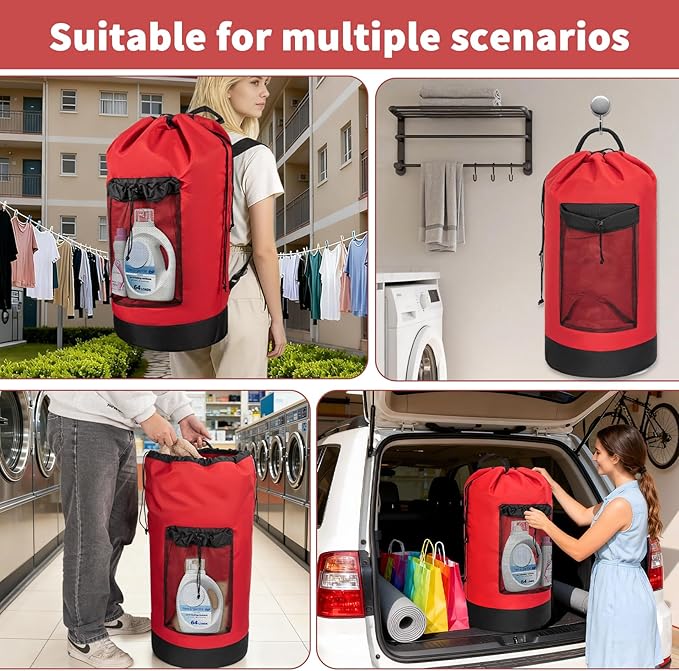 150L Laundry Bag Backpack with 3 Sizes Mesh Wash Bags and Shoulder Straps Foldable Clothes Hamper Bag with Drawstring Closure for College, Apartment, Laundromat (Red)