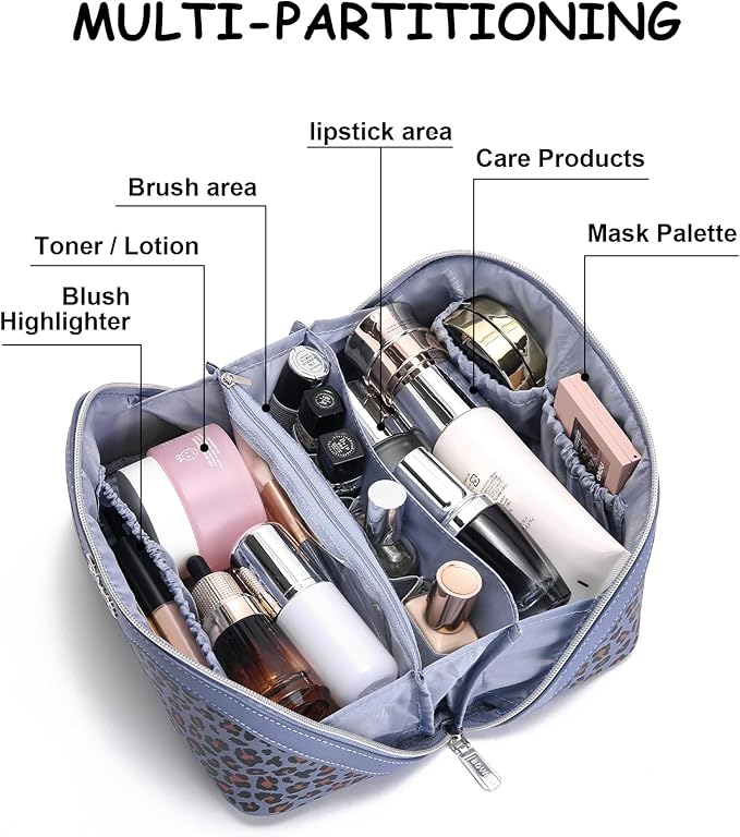 BOYATU Travel Makeup Bags Cosmetic Organizer Bag: 3 Pcs Set Large Capacity Make up Bag with Compartments - Waterproof Leather Toiletry Bags with Handle for Women (B-Light Blue)