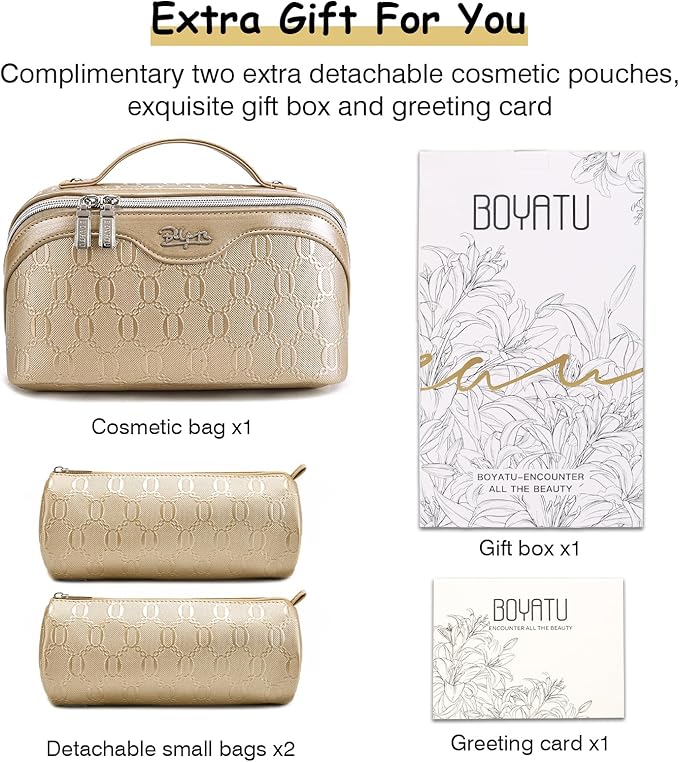 BOYATU Travel Makeup Bag for Women: Cosmetic Organizer Bag with Compartments - Leather Make up Bags Set of 3 (G-5-Gold Yellow)