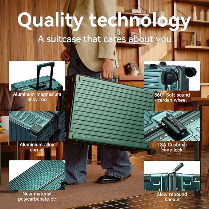 ROAMING Zipperless Luggage 24 Inch with Aluminum Frame, 3-Layer PC Trunk-Medium Lightweight Hard Shell Suitcase with Spinner Wheels, Metal Travel Luggage with Double TSA Locks, Dark Night Green