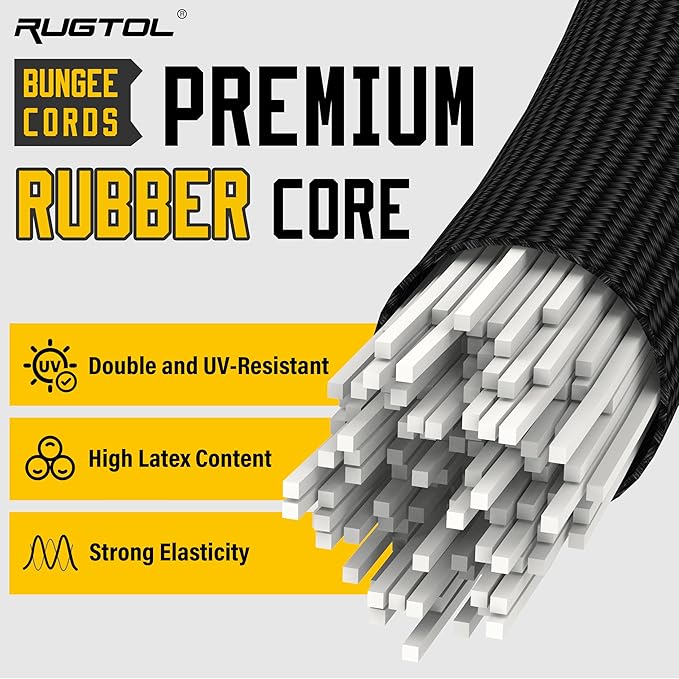 Rugtol Adjustable Bungee Cords with Hooks, 6 Pack Heavy Duty Outdoor Carabiner Bungee Cord, Black Super Elastic Bungee Straps Easily Adjust from 7" to 48", Great for Cargo, Camping, Bike Racks, Tents