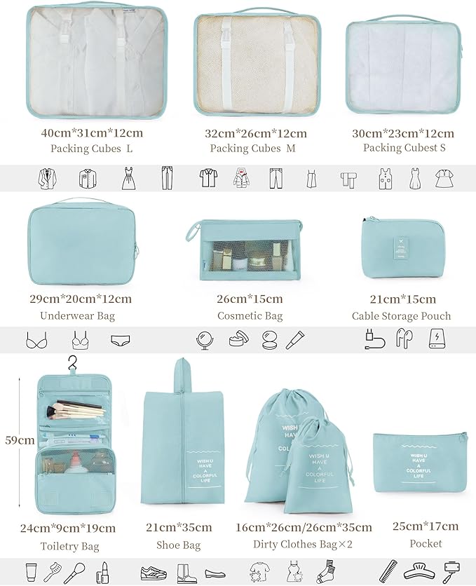 Packing Cubes 11 PCS, Mesh Breathable Luggage Organizers Bags, Packing Organizers, Durable Travel Essentials Bags Set, Travel Packing Organizers, Lake blue