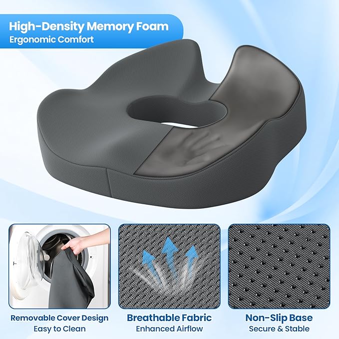 Large Donut Pillow Seat Cushion for Hemorrhoid Discomfort&Tailbone Pressure, Office Chair Cushion for Long Sitting, Ergonomic Coccyx Pillow for Postpartum Pregnancy, Lifting Cushions, Grey