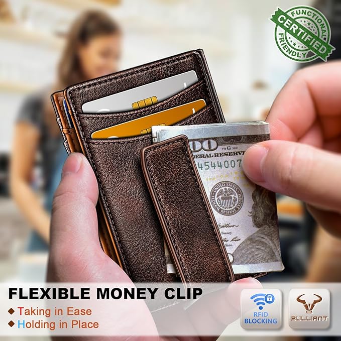 BULLIANT Magnetic Closure Slim Wallet-Genuine Leather Front Pocket Wallet for Men,RFID Blocking,Holds 12 Cards and Money Clip