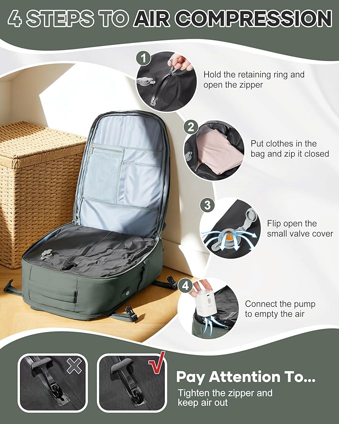 Vacuum Travel Backpack with Pump for Women, Personal Item Carry on Backpacks Flight Approved 18x14x8 inches for Men,Laptop Waterproof Work Compression bags Casual Daypack. Green.