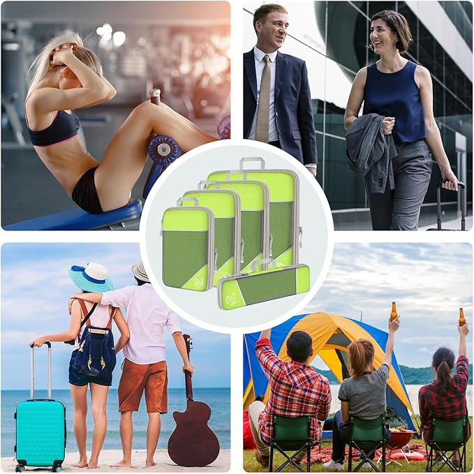 NiHome 7PCS Compression Packing Cube Set Expandable Mesh Travel Bag Luggage Organizers with Electronic Cable Cord Charger Organizer Drawstring Bag (Green)