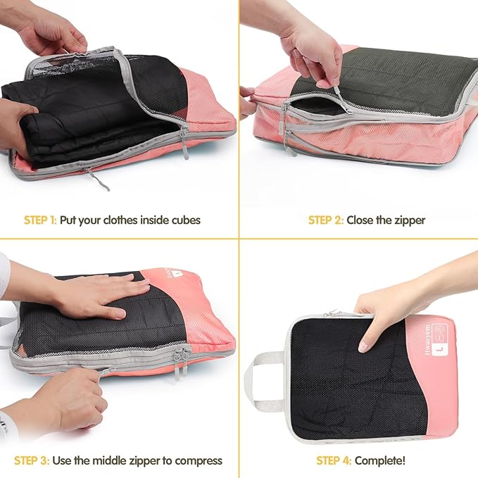 Compression Packing Cubes 8 Set, Dual Zipper Compression Packing Cubes for Travel, See-Through Mesh Packing Bags for Suitcases, Compression Travel Cubes with Shoe Bag (Pink)