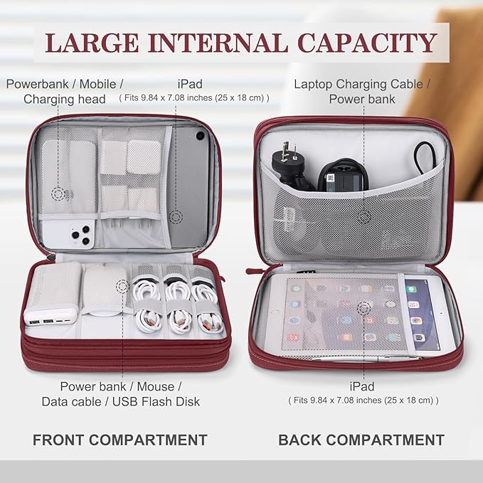FYY Electronic Organizer, Extra Large Travel Cable Organizer Bag Pouch Portable Waterproof Double Layers All-in-One Storage Bag for iPad, Cable, Power Bank, Laptop Charger for Office/Home, Wine Red