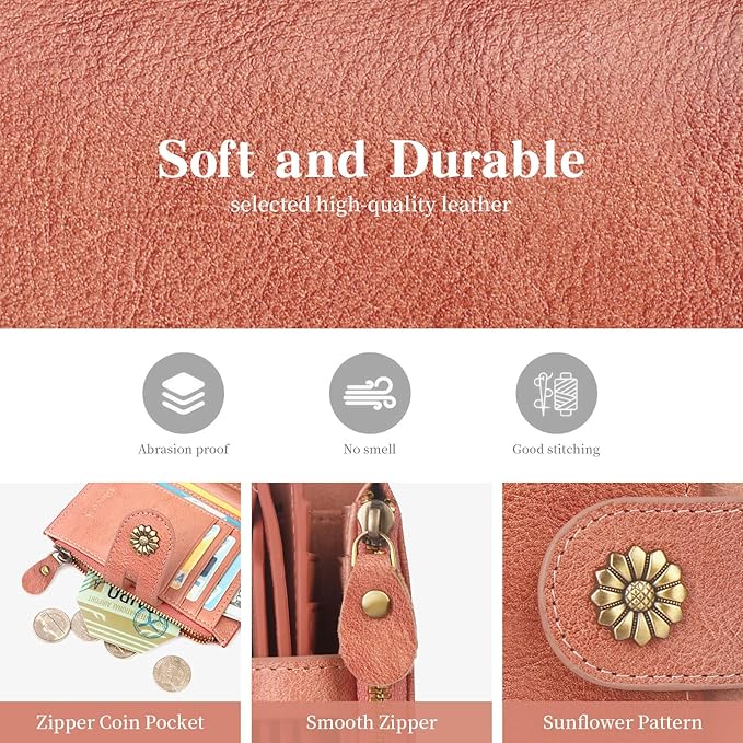 Wallet Women,RFID Blocking Leather Womens Wallet Bifold Compact Card Holder Small Wallet for Women with Removable ID Window Pink