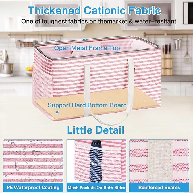 LHZK Standing Extra Large Utility Tote Bag with Metal Wire Frame and the Sides Rinforced, Extra Large Tote Bag with Handle, Reusable Grocery Bags Foldable, Beach Bag, Car Tote (Pink)