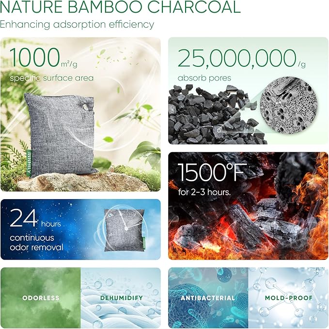 Activated Charcoal Odor Absorber, Large 500g w Hooks Nature Odor Remover for Strong Odor, Bamboo Charcoal Air Purifying Bags, Odor Eliminator for Home Car Closet Pet, Smoke Deodorizer