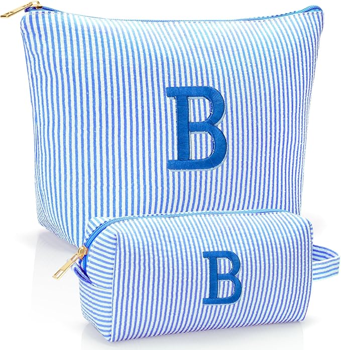 Personalized Initial Makeup Bag,Toiletry Travel Cosmetic Bag,Trendy Stuff for Teen Girls and Women,Holiday & Birthday Gift,2 Pack (B, Blue)