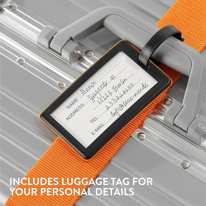 Navaris TSA Luggage Strap - Secure Adjustable Strap for Suitcases with Combination Lock - Lockable Cross Case Travel Belt for Luggage with ID Tag - Orange