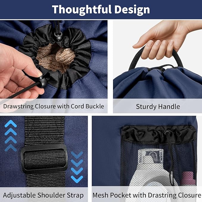 150L Laundry Bag Backpack with 3 Sizes Mesh Wash Bags and Shoulder Straps Foldable Clothes Hamper Bag with Drawstring Closure for College, Apartment, Laundromat (Navy)