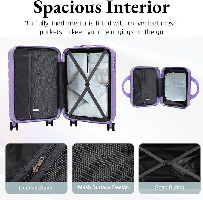 2-Piece ABS Hard Shell Lightweight Carry-On Luggage Set (14" & 20"), 360-Degree Spinner Wheels, Adjustable Telescopic Handle and Combination Lock for Travel, Purple